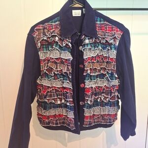VINTAGE HALSEY COLLECTION Navy Ruffled Jacket Size S Very Good Condition
